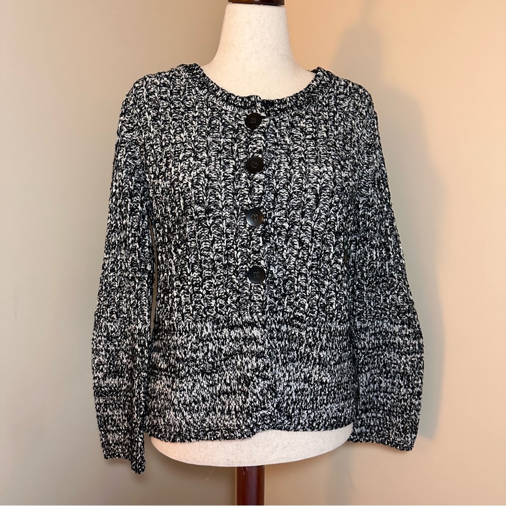 Foxcroft Black White Marled Knit Button Front Sweater Large
